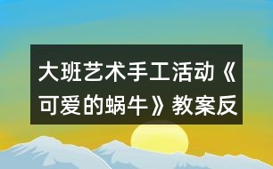 大班藝術(shù)手工活動(dòng)《可愛(ài)的蝸?！方贪阜此?></p>										
													<h3>1、大班藝術(shù)手工活動(dòng)《可愛(ài)的蝸?！方贪阜此?/h3><p>　　活動(dòng)目標(biāo)：</p><p>　　1.學(xué)習(xí)用卡紙制作蝸牛，表現(xiàn)蝸牛的身體。</p><p>　　2.通過(guò)觀看示范，了解制作的基本方法，把握剪和折的方法。</p><p>　　3.在手工活動(dòng)中，保持桌面和地面整潔，養(yǎng)成良好的手工活動(dòng)習(xí)慣。</p><p>　　4.培養(yǎng)幼兒的觀察、操作、表達(dá)能力，提高幼兒的審美情趣及創(chuàng)新意識(shí)。</p><p>　　5.培養(yǎng)幼兒養(yǎng)成有序擺放工具、材料的習(xí)慣。</p><p>　　活動(dòng)準(zhǔn)備：</p><p>　　1.每組有小籮筐一個(gè)(里面有各種顏色的卡紙)</p><p>　　2.記號(hào)筆，固體膠，剪刀</p><p>　　3.蝸牛范例一個(gè)</p><p>　　活動(dòng)過(guò)程：</p><p>　　一、激趣導(dǎo)入</p><p>　　1.小朋友，我們來(lái)猜一個(gè)謎語(yǔ)：沒(méi)有腳，沒(méi)有手，背著房子到處走.要是有人碰碰它，趕緊躲到房子里。你知道這是什么小動(dòng)物嗎?動(dòng)腦筋想一想哦!(這是蝸牛)</p><p>　　2.你們喜歡蝸牛嗎?我們一起來(lái)做可愛(ài)的小蝸牛。</p><p>　　二、課件演示</p><p>　　三、觀察學(xué)習(xí)</p><p>　　1.認(rèn)識(shí)做蝸牛的材料。(剪刀、固體膠、記號(hào)筆、卡紙)</p><p>　　2.出示一只做好的蝸牛，幼兒觀察。</p><p>　　3.示范蝸牛制作方法：</p><p>　　(1)用記號(hào)筆在卡紙上畫一個(gè)大圓和一個(gè)小圓，用剪刀剪下來(lái)。</p><p>　　(2)畫上兩個(gè)大大的眼睛，用剪刀剪下來(lái)。</p><p>　　(3)在校園上畫上自己喜歡的花紋，這是蝸牛的房子。</p><p>　　(4)還要剪下一條長(zhǎng)長(zhǎng)的觸角，用手對(duì)折拉開。</p><p>　　(5)最后，請(qǐng)固體膠來(lái)幫助把它們變成一只可愛(ài)的蝸牛。(大大圓對(duì)折做蝸牛的身體，房子貼在身體上，觸角貼在蝸牛的頭上，再貼上兩個(gè)小眼睛，蝸牛就變出來(lái)了)</p><p>　　(6)還要貼上小草，給蝸牛做朋友。(用綠色卡紙對(duì)折，畫上小草剪下來(lái)，再打開折一下，小草就可以立起來(lái)了)</p><p>　　四、動(dòng)手操作</p><p>　　重點(diǎn)引導(dǎo)幼兒發(fā)揮想象，畫出有個(gè)性的“房子”，將做好的蝸牛放在紙上，再在旁邊添加草地就完成了。</p><p>　　五、作品評(píng)價(jià)</p><p>　　幼兒相互欣賞同伴制作的蝸牛，感知體驗(yàn)成功制作小蝸牛的快樂(lè)。</p><p>　　活動(dòng)延伸：</p><p>　　1.可遷移其他材料制作蝸牛。</p><p>　　2.舉行蝸牛展覽會(huì)。</p><p>　　活動(dòng)反思：</p><p>　　這個(gè)活動(dòng)，通過(guò)形象可愛(ài)的PPT圖片，吸引幼兒參與活動(dòng)的興趣;通過(guò)循序漸進(jìn)的介紹，讓幼兒能清晰的了解蝸牛的制作方法;通過(guò)簡(jiǎn)單易懂的語(yǔ)言，幫助幼兒記憶制作的步驟。出示做好的蝸牛成品時(shí)，能詳細(xì)介紹一下蝸牛，效果會(huì)更好。</p><h3>2、大班教案《可愛(ài)的動(dòng)物》含反思</h3><p><strong>活動(dòng)目標(biāo)：</strong></p><p>　　1.能用繪畫、剪貼的形式表現(xiàn)出自己最喜歡的動(dòng)物的基本特征。</p><p>　　2.體驗(yàn)用不同形式表現(xiàn)動(dòng)物的樂(lè)趣。</p><p>　　3.培養(yǎng)幼兒耐心完成任務(wù)的習(xí)慣，享受活動(dòng)的樂(lè)趣。</p><p>　　4.感受作品的美感。</p><p><strong>活動(dòng)過(guò)程：</strong></p><p>　　一、談話導(dǎo)入，激發(fā)幼兒參與活動(dòng)的興趣。</p><p>　　1.教師出示大森林的背景圖，引起幼兒對(duì)動(dòng)物的回憶，并提問(wèn)：</p><p>　　(1)看，這是在哪啊?在大森里里會(huì)有哪些動(dòng)物呢?</p><p>　　(2)你喜歡什么動(dòng)物?它是什么樣子的呢?</p><p>　　2.教師小結(jié)：這么多的動(dòng)物在一起就像一個(gè)大家庭。</p><p>　　二、用繪畫、剪貼的形式表現(xiàn)出自己最喜歡的動(dòng)物的基本特征。</p><p>　　1.師幼談話：一天，森林里面要開音樂(lè)會(huì)，讓我們請(qǐng)出自己最喜歡的小動(dòng)物來(lái)參加吧。</p><p>　　教師引導(dǎo)幼兒談?wù)勛约合胝?qǐng)誰(shuí)來(lái)參加。</p><p>　　2.教師引導(dǎo)幼兒討論進(jìn)行交流。</p><p>　　師：先請(qǐng)小朋友想一想你最喜歡哪個(gè)動(dòng)物?然后請(qǐng)你來(lái)跟大家說(shuō)一說(shuō)。</p><p>　　3.交代作畫材料。</p><p>　　師：現(xiàn)在請(qǐng)你們來(lái)制作自己喜歡的小動(dòng)物，老師這里有很多的操作材料，你想用什么方法和材料來(lái)制作自己喜歡的小動(dòng)物呢?</p><p>　　教師引導(dǎo)幼兒自由地說(shuō)一說(shuō)。</p><p>　　4.教師引導(dǎo)幼兒自主選擇自己喜歡的材料進(jìn)行制作，教師巡回進(jìn)行指導(dǎo)。</p><p>　　三、講評(píng)作品，結(jié)束活動(dòng)。</p><p>　　1.教師幫助幼兒展示自己的作品。</p><p>　　師：看，這些都是我們小朋友自己制作的動(dòng)物，我們一起來(lái)看一看吧。</p><p>　　教師將幼兒的作品展示出來(lái)，請(qǐng)個(gè)別幼兒再集體面前進(jìn)行交流。</p><p>　　2.教師播放音樂(lè)，引導(dǎo)幼兒和小動(dòng)物跳舞。</p><p>　　師：音樂(lè)會(huì)馬上就要開始了，讓我們和最喜歡的小動(dòng)物一起跳舞吧。</p><p><strong>活動(dòng)反思：</strong></p><p>　　動(dòng)物是幼兒非常喜歡的，所以今天的活動(dòng)孩子們非常投入，一些孩子的作品有創(chuàng)意，表現(xiàn)出色，全班孩子總體的在繪畫的操作方面能力都有所進(jìn)步，只是到最后的游戲時(shí)間，有些孩子比較著急，所以涂色方面有些粗糙，我也進(jìn)行了相關(guān)的講解指導(dǎo)。從這次的操作中，我發(fā)現(xiàn)兩大弱點(diǎn)：一是孩子們對(duì)于自主的進(jìn)行美術(shù)創(chuàng)作活動(dòng)缺乏經(jīng)驗(yàn)和能力;二是材料不夠豐富，將在以后日常的區(qū)域活動(dòng)中增加創(chuàng)作的內(nèi)容，提供給孩子們更多的操作材料，引導(dǎo)他們自由創(chuàng)作，增強(qiáng)這方面的經(jīng)驗(yàn)和能力。</p><h3>3、大班活動(dòng)教案《可愛(ài)的熊貓》含反思</h3><p>　　活動(dòng)目標(biāo)</p><p>　　(活動(dòng)目標(biāo)的確定應(yīng)注意包括認(rèn)知、情意、技能三個(gè)領(lǐng)域)</p><p>　　1. 激發(fā)幼兒對(duì)畫國(guó)畫的興趣</p><p>　　2. 初步學(xué)畫大熊貓. 表現(xiàn)大熊貓的特征和憨態(tài) .</p><p>　　3. 進(jìn)一步讓幼兒知道熊貓是我們中國(guó)的國(guó)寶.</p><p>　　教學(xué)重點(diǎn)、難點(diǎn)</p><p>　　1.因?yàn)樵谖覀冞@個(gè)地方. 熊貓活體是不常見(jiàn)的. 說(shuō)到可愛(ài)和憨態(tài). 只能是說(shuō)說(shuō)</p><p>　　活動(dòng)準(zhǔn)備</p><p>　　1.組織幼兒觀看國(guó)畫, 引導(dǎo)幼兒感受國(guó)畫的獨(dú)特風(fēng)格.</p><p>　　2. 幼兒學(xué)習(xí)畫國(guó)畫的基本筆法。如中鋒，側(cè)鋒，散鋒等。</p><p>　　3.大熊貓示范畫1幅</p><p>　　4.毛筆，墨水，宣紙，顏料，調(diào)色盤等若干。</p><p>　　活動(dòng)過(guò)程</p><p>　　1.請(qǐng)幼兒欣賞大熊貓的示范畫, 給幼兒講解作畫的工具, 材料和畫法. 教師示范畫大熊貓,邊示范邊指導(dǎo)幼兒用筆, 用墨., 淡墨中鋒畫圓形,濃墨小側(cè)鋒畫兩只耳朵,眼晴畫成:八”字形,中間留空白,表現(xiàn)小小鼻子尖,濃墨側(cè)鋒畫兩條腿.</p><p>　　2. 鼓勵(lì)幼兒用淡墨/濃墨和不同的筆法畫出不同姿態(tài)的大熊貓, 添畫竹林或竹筍來(lái)豐富.裝飾畫面.</p><p>　　教學(xué)反思</p><p>　　活一動(dòng)反思可以從以下幾個(gè)方面思考，不必面面俱到：</p><p>　　1.反思在備課過(guò)程中對(duì)活動(dòng)內(nèi)容、教學(xué)理論、幼兒學(xué)習(xí)方法的認(rèn)知變化。</p><p>　　2.對(duì)活動(dòng)過(guò)程的反思：(以下方面無(wú)論是與否，都應(yīng)該分析是與否的原因，從而總結(jié)經(jīng)驗(yàn)或提出改進(jìn)措施)</p><p>　?、艑?duì)幼兒發(fā)展的反思，例如，是否被理解、尊重、接納?是否有適度的自由空間?是否能通過(guò)與環(huán)境材料、同伴以及教師的互動(dòng)，在情感、態(tài)度、能力、知識(shí)、技能等方面得到自主發(fā)展?</p><p>　?、茖?duì)教師專業(yè)發(fā)展的反思，例如，是否了解幼兒的經(jīng)驗(yàn)水平、學(xué)習(xí)特點(diǎn)和個(gè)性特征?是否能把握教育內(nèi)容的核心價(jià)值及其發(fā)展線索?能否以自己最小的支持，促進(jìn)幼兒最大限度的發(fā)展?</p><p>　　⑶對(duì)師幼互動(dòng)的反思，例如，師幼配合情況，教師能否依幼兒的需要調(diào)整教學(xué)。</p><p>　　3.對(duì)活動(dòng)效果的評(píng)析。在對(duì)目標(biāo)、策略的驗(yàn)證與分析中找到自己的優(yōu)勢(shì)與不足，并明確今后改進(jìn)與完善的方向。</p><p>　　4. 如果讓你重新上這節(jié)課，你會(huì)怎樣上?有什么新想法嗎?或當(dāng)時(shí)聽課的老師或者專家對(duì)你這節(jié)課有什么評(píng)價(jià)?對(duì)你有什么啟發(fā)?</p><p>　　1.激發(fā)幼兒的興趣, 觀看大熊貓的錄像<最好配有音樂(lè)和人性化對(duì)話的>這樣幼兒就會(huì)感到有新鮮, 好奇的心理.</p><p>　　2, 可以鼓勵(lì)讓幼兒模仿大熊貓可愛(ài)/憨厚的樣子..</p><p>　　活動(dòng)設(shè)計(jì)背景</p><p>　　(例如，因本班出現(xiàn)的某些現(xiàn)象;為了激發(fā)或發(fā)現(xiàn)幼兒的興趣愛(ài)好和需要;結(jié)合幼兒的年齡特點(diǎn);課改綱要的自主學(xué)習(xí);本土環(huán)境因素的影響等引發(fā)的該活動(dòng)設(shè)計(jì))</p><h3>4、大班美術(shù)教案《可愛(ài)的長(zhǎng)頸鹿》含反思</h3><p><strong>活動(dòng)目標(biāo)：</strong></p><p>　　1、讓孩子們知道長(zhǎng)頸鹿的特征以及它的習(xí)性。</p><p>　　2、用顏料裝飾長(zhǎng)頸鹿。</p><p>　　3、在想象創(chuàng)作過(guò)程中能用簡(jiǎn)單的材料裝飾，體驗(yàn)成功的樂(lè)趣。</p><p>　　4、引導(dǎo)孩子們?cè)诨顒?dòng)結(jié)束后把自己的繪畫材料分類擺放，養(yǎng)成良好習(xí)慣。</p><p><strong>活動(dòng)準(zhǔn)備：</strong></p><p>　　顏料，四角海綿</p><p><strong>活動(dòng)過(guò)程：</strong></p><p>　　[導(dǎo)入]</p><p>　　1.用猜謎語(yǔ)的方式向孩子們介紹長(zhǎng)頸鹿。</p><p>　　-我長(zhǎng)得很高，我可以吃到高高的樹干上的葉子。</p><p>　　-我有長(zhǎng)長(zhǎng)的腿和脖子，我是什么呢?</p><p>　　[展開]</p><p>　　1、談?wù)勯L(zhǎng)頸鹿。</p><p>　　-你見(jiàn)過(guò)長(zhǎng)頸鹿嗎?</p><p>　　-你在哪兒見(jiàn)過(guò)的長(zhǎng)頸鹿?</p><p>　　-見(jiàn)過(guò)長(zhǎng)頸鹿后你有什么感想?</p><p>　　2、談?wù)勯L(zhǎng)頸鹿的特征和習(xí)性。</p><p>　　-長(zhǎng)頸鹿長(zhǎng)什么樣?</p><p>　　(它長(zhǎng)得很高，它的脖子和四條腿非常長(zhǎng)，它是地球上最高的動(dòng)物，它還有花斑。)</p><p>　　-長(zhǎng)頸鹿在哪兒生長(zhǎng)?</p><p>　　(它在溫?zé)岬貐^(qū)，樹木茂盛的的地方或是寬廣的草原生長(zhǎng)。)</p><p>　　-長(zhǎng)頸鹿怎樣吃東西?</p><p>　　(長(zhǎng)頸鹿用它長(zhǎng)長(zhǎng)的舌頭和活動(dòng)自如的上唇吃長(zhǎng)在高處的樹葉或果實(shí)。)</p><p>　　-長(zhǎng)頸鹿是怎樣警戒敵人的呢?</p><p>　　(長(zhǎng)頸鹿可以聽見(jiàn)細(xì)小的聲音，并且它們的視力非常好，可以洞察到很遠(yuǎn)的地方。在遠(yuǎn)處有敵人的話它們會(huì)很快的知道然后避開敵人。)</p><p>　　-如果長(zhǎng)頸鹿遇見(jiàn)獅子的話會(huì)怎么樣呢?</p><p>　　(獅子是對(duì)于長(zhǎng)頸鹿唯一一個(gè)有威脅的動(dòng)物，如果被獅子攻擊，長(zhǎng)頸鹿會(huì)使勁地?fù)P起前踢攻擊獅子的頭部，然后它們會(huì)以時(shí)速65km的速度快速遠(yuǎn)離獅子。)</p><p>　　3、制作研究長(zhǎng)頸鹿。</p><p>　　-想要制作出長(zhǎng)頸鹿的話需要什么材料?</p><p>　　-用帶有顏料的海綿怎樣制作長(zhǎng)頸鹿呢?</p><p>　　4、用帶有顏料的海綿制作長(zhǎng)頸鹿。</p><p>　?、贉?zhǔn)備好和長(zhǎng)頸鹿一樣顏色的顏料。</p><p>　?、陬伭喜灰?，稠一點(diǎn)兒。</p><p>　?、塾盟慕呛＞d蘸上顏料印在長(zhǎng)頸鹿的身上。</p><p>　　④用各種顏色表現(xiàn)出立體感。</p><p>　　[結(jié)尾]</p><p>　　1、讓孩子們把印好的長(zhǎng)頸鹿介紹給朋友們</p><p>　　2、總結(jié)活動(dòng)</p><p><strong>活動(dòng)反思：</strong></p><p>　　活動(dòng)幼兒能十分的有興趣，對(duì)于長(zhǎng)頸鹿也是幼兒所熟悉的動(dòng)物。我覺(jué)得自己在引導(dǎo)上能抓住重點(diǎn)進(jìn)行引導(dǎo)了，但是還是顯得有點(diǎn)羅嗦了。通過(guò)活動(dòng)也能簡(jiǎn)單的了解到了長(zhǎng)頸鹿的生活習(xí)性與身體的特征。給幼兒進(jìn)行了運(yùn)用圖形來(lái)進(jìn)行拼貼出長(zhǎng)頸鹿的形態(tài)，幼兒十分喜歡這個(gè)游戲的環(huán)節(jié)，但是由于時(shí)間的關(guān)系只請(qǐng)了兩個(gè)幼兒進(jìn)行幼兒，其他幼兒還想玩。在示范上也按園長(zhǎng)給的要求邊示范邊和范畫進(jìn)行對(duì)比的的來(lái)示范、讓幼兒進(jìn)一不的了解長(zhǎng)頸鹿的特征。在幼兒自己在操作上掌握的還是不錯(cuò)的</p><h3>5、大班教案《可愛(ài)的小青蛙》含反思</h3><p><strong>活動(dòng)目標(biāo)：</strong></p><p>　　1、通過(guò)幼兒樂(lè)于參與教學(xué)活動(dòng)，讓幼兒知道青蛙是“農(nóng)田衛(wèi)士”，激發(fā)幼兒保護(hù)青蛙的情感。</p><p>　　2、通過(guò)故事《小蝌蚪找媽媽》讓幼兒了解青蛙的外形特征、生活習(xí)性等相關(guān)知識(shí)。</p><p>　　3、培養(yǎng)幼兒觀察事物細(xì)微變化的習(xí)慣。</p><p>　　4、學(xué)會(huì)折疊青蛙的方法。</p><p>　　5、培養(yǎng)幼兒大膽發(fā)言，說(shuō)完整話的好習(xí)慣。</p><p>　　6、能簡(jiǎn)單復(fù)述故事。</p><p><strong>活動(dòng)重難點(diǎn)：</strong></p><p>　　小青蛙生長(zhǎng)的過(guò)程。</p><p>　　用紙折疊小青蛙的方法步驟。</p><p><strong>活動(dòng)準(zhǔn)備：</strong></p><p>　　1、課前請(qǐng)家長(zhǎng)和孩子一起收集有關(guān)青蛙的資料。</p><p>　　2、故事《小蝌蚪找媽媽》。</p><p>　　3、青蛙圖片。</p><p>　　4、正方形紙。</p><p><strong>活動(dòng)過(guò)程：</strong></p><p>　　一、猜謎導(dǎo)入</p><p>　　池塘有個(gè)音樂(lè)家，一到夏天呱呱呱，身上穿件綠衣裳，伸長(zhǎng)舌頭把蟲抓。</p><p>　　二、交流討論</p><p>　　出示圖片一只可愛(ài)的小青蛙請(qǐng)小朋友相互交流自己收集的有關(guān)青蛙的資料，了解青蛙的各種知識(shí)。</p><p>　　1、青蛙的生活環(huán)境：提問(wèn)：青蛙喜歡生活在什么地方?</p><p>　　2、青蛙的外形。提問(wèn)：</p><p>　　(1)青蛙背部和腹部的顏色有什么不同?</p><p>　　(2)它對(duì)青蛙有什么好外?</p><p>　　師小結(jié)：青蛙的體色是保護(hù)色，可幫助青蛙躲避敵害有利于捕食。</p><p>　　3、青蛙的捕食，提問(wèn)：青蛙吃什么?</p><p>　　(青蛙是有益動(dòng)物，據(jù)統(tǒng)計(jì)，每只青蛙每天大約吃60只害蟲，從春天到秋天的8個(gè)月中，一只青蛙可以消滅一萬(wàn)只害蟲。</p><p>　　4、青蛙的冬眠。提問(wèn)：青蛙在冬季里是怎樣生活的?它躲在什么地方?</p><p>　　5、討論：</p><p>　　(1)青蛙對(duì)人類及自然界有什么作用?</p><p>　　(2)我們應(yīng)當(dāng)如何保護(hù)它們?</p><p>　　6、小結(jié)：青蛙是人類的好朋友，是大自然不可缺少的一個(gè)物種，是農(nóng)田的衛(wèi)士，我們應(yīng)當(dāng)保護(hù)它。</p><p>　　三、故事引導(dǎo)。</p><p>　　1、幼兒欣賞故事《小蝌蚪找媽媽》。</p><p>　　2、思考提問(wèn)：</p><p>　　(1)你喜歡聽故事中的哪一段，根據(jù)幼兒回答不同的小結(jié)。</p><p>　　(2)為什么小蝌蚪看見(jiàn)媽媽都呆住了?</p><p>　　(3)小蝌蚪是怎樣變成小青蛙的?(課件演示小蝌蚪的生長(zhǎng)變化，在觀察中掌握難點(diǎn)。)</p><p>　　師總結(jié)：小蝌蚪是慢慢在變，過(guò)了幾天，小蝌蚪長(zhǎng)出了兩條很小的后腿，再過(guò)幾天，兩條前腿也長(zhǎng)出來(lái)了，而且身體的顏色也發(fā)生了變化，呈黃綠色，蝌蚪的眼睛也有些鼓起來(lái)了，隨著小蝌蚪的不斷變化長(zhǎng)大，它們的尾巴也逐漸變小退化最后變成了青蛙。</p><p>　　(4)拓展：除了青蛙以外，你還知道哪些動(dòng)物也是人類的好朋友，我們應(yīng)該如何保護(hù)它們呢?</p><p><strong>活動(dòng)延伸：</strong></p><p>　　出示“美麗的夏天池塘”圖畫，教幼兒折青蛙，折好后，貼在圖畫上。</p><p><strong>活動(dòng)反思：</strong></p><p>　　本活動(dòng)設(shè)計(jì)了四個(gè)環(huán)節(jié)，環(huán)環(huán)相扣，層層推進(jìn)，鍛煉了小朋友們的觀察思考能力、語(yǔ)言表達(dá)能力、動(dòng)手動(dòng)腦能力，充分激發(fā)了幼兒的學(xué)習(xí)興趣和熱情及保護(hù)青蛙的情感，從小樹立了環(huán)保意識(shí)，為幼兒的終身教育和良好的世界觀、價(jià)值觀的形成打好了堅(jiān)實(shí)的基礎(chǔ)。</p><p>　　1、創(chuàng)設(shè)問(wèn)題情境，引發(fā)幼兒興趣，了解小青蛙的外形特征及生長(zhǎng)過(guò)程，激發(fā)了幼兒保護(hù)青蛙的情感。</p><p>　　在活動(dòng)中，我收集了大量有關(guān)青蛙的知識(shí)和圖片，引導(dǎo)幼兒全面了解有關(guān)青蛙的各種知識(shí)，充分調(diào)動(dòng)了孩子們的探究欲望，孩子們不但學(xué)會(huì)了能用對(duì)比的方法去觀察事物，而且還養(yǎng)成了良好的觀察習(xí)慣，能夠運(yùn)用感官去探索事物的變化規(guī)律，同時(shí)，還通過(guò)幼兒參與有關(guān)青蛙資料的收集和課堂上的交流，使孩子們充分認(rèn)識(shí)到青蛙是人類的好朋友，是農(nóng)田衛(wèi)士，我們應(yīng)該保護(hù)它，并開動(dòng)腦筋說(shuō)出了許多保護(hù)措施，增強(qiáng)了幼兒保護(hù)有益動(dòng)物的意識(shí)，促進(jìn)幼兒健康成長(zhǎng)，充分體現(xiàn)出育人的本質(zhì)和實(shí)現(xiàn)育人的功能。</p><p>　　2、創(chuàng)設(shè)環(huán)境情境，活躍幼兒興趣，學(xué)會(huì)折疊青蛙，鍛煉了幼兒的動(dòng)手動(dòng)腦能力。在本次活動(dòng)中，我設(shè)計(jì)了讓孩子們學(xué)會(huì)并掌握折疊青蛙的方法和步驟，孩子們用靈巧的小手折疊出逼真可愛(ài)的小青蛙，既培養(yǎng)了觀察思考能力，又鍛煉了動(dòng)手動(dòng)腦能力。</p><p>　　整個(gè)活動(dòng)過(guò)程中，我注重以幼兒為主體，注重師幼關(guān)系的民主平等、注重幼兒的全面參與讓幼兒充分“動(dòng)”起來(lái)，使幼兒學(xué)得有滋有味，有聲有色，突破了重難點(diǎn)，創(chuàng)設(shè)了觀察、交流、想象表述和展示的機(jī)會(huì)，讓幼兒在發(fā)現(xiàn)、解決實(shí)際總題的過(guò)程中，自己尋找真正屬于自己的：可愛(ài)的小青蛙“充分體現(xiàn)了”三維目標(biāo)的落實(shí)。</p><p>　　不足之處，在組織教育活動(dòng)的過(guò)程中，我過(guò)多地注重了自身的教育行為和教育目標(biāo)的完成。</p><h3>6、大班美術(shù)活動(dòng)教案《可愛(ài)的熊貓》</h3><p>　　活動(dòng)目標(biāo)：</p><p>　　1、在觀察熊貓的基礎(chǔ)上，嘗試用各種的形式大膽創(chuàng)作，表現(xiàn)出不同動(dòng)態(tài)的熊貓形象。</p><p>　　2、喜歡熊貓，有保護(hù)熊貓的意識(shí)。</p><p>　　3、主動(dòng)參與活動(dòng)，體驗(yàn)活動(dòng)的快樂(lè)及成功的喜悅。</p><p>　　4、大膽說(shuō)出自己對(duì)的理解。</p><p>　　活動(dòng)準(zhǔn)備：</p><p>　　1、熊貓身體各部分的圖片、熊貓各種動(dòng)態(tài)的課件。</p><p>　　2、油畫棒，水彩筆、彩泥、墊板、卡紙等。</p><p>　　活動(dòng)過(guò)程：</p><p>　　一、以猜謎活動(dòng)為導(dǎo)引，引發(fā)幼兒參與活動(dòng)的興趣。</p><p>　　1、教師：圓圓的腦蛋，黑黑的眼框，身穿黑白衣，愛(ài)吃嫩竹子。 2.教師告訴幼兒熊貓是我國(guó)的珍稀動(dòng)物，是國(guó)寶，我們?nèi)巳藧?ài)護(hù)大熊貓。</p><p>　　二、出示熊貓圖片，引導(dǎo)幼兒觀察熊貓的外形特征。</p><p>　　提問(wèn)</p><p>　　(1)熊貓長(zhǎng)得什么樣子的?熊貓哪個(gè)部位的毛是黑色的，哪個(gè)部位的毛是白色的?</p><p>　　(2)熊貓的頭是什么樣子、什么顏色的?</p><p>　　(3)熊貓的眼睛是什么樣子、什么顏色的?</p><p>　　(4)熊貓的耳朵是什么形狀、什么顏色的?</p><p>　　(5)熊貓的身體是什么樣子、什么顏色的?</p><p>　　(6)熊貓的四肢是什么樣子、什么顏色的?</p><p>　　教師小結(jié)：</p><p>　　1、熊貓的頭圓圓的，耳朵半圓，熊貓的身體胖胖的，象個(gè)氣球，四肢短短的，有點(diǎn)象橢圓形，它的身上有黑色和白色的毛。</p><p>　　2、引導(dǎo)幼兒細(xì)致地欣賞熊貓活動(dòng)的圖片，并大膽聯(lián)想與表達(dá)。畫上的熊貓可能會(huì)再那里?它們?cè)诟墒裁?這兩只熊貓是什么關(guān)系呢?它們?cè)谝黄饡?huì)是什么樣的心情?兩只熊貓會(huì)說(shuō)些什么呢?</p><p>　　三、游戲體驗(yàn)感知熊貓的動(dòng)態(tài)。</p><p>　　1、今天請(qǐng)老師也請(qǐng)了一只大熊貓和小朋友一起玩，熊貓的做什么動(dòng)作，你們就做出這樣的動(dòng)作，看誰(shuí)做的最像。</p><p>　　2、兩人一組，一人當(dāng)熊貓，做熊貓的各種動(dòng)作，一人用圖片擺動(dòng)作。兩人交換角色繼續(xù)游戲。</p><p>　　四、幼兒創(chuàng)作表現(xiàn)。</p><p>　　1、提出要求</p><p>　　(1)今天老師給小朋友提供了水彩筆、油畫棒、橡皮泥等這些材料，小朋友們可以畫出熊貓來(lái)，也可以用彩泥捏出熊貓來(lái)，再添上美麗的背景。在創(chuàng)作過(guò)程你要先想想你表現(xiàn)的熊貓?jiān)谀睦?，和誰(shuí)在一起，它們發(fā)生了什么有趣的事。</p><p>　　(2)老師音樂(lè)響起你就開始，音樂(lè)結(jié)束了你就把工具收拾好，將作品貼到展板上</p><p>　　2、創(chuàng)作表現(xiàn)，教師巡回指導(dǎo)。重點(diǎn)指導(dǎo)幼兒畫出不同動(dòng)態(tài)的熊貓，并添上背景。</p><p>　　五、請(qǐng)小朋友將自己畫好的作品貼到展板上，向同伴們介紹你的熊貓?jiān)诟墒裁?</p><h3>7、大班美術(shù)教案《可愛(ài)的魚》含反思</h3><p><strong>活動(dòng)目標(biāo)：</strong></p><p>　　1、知道魚的各部位組成及名稱。</p><p>　　2、嘗試用各種材料制作魚，培養(yǎng)幼兒動(dòng)手操作的能力。</p><p>　　3、參加美術(shù)活動(dòng)，感受美工活動(dòng)的樂(lè)趣，并進(jìn)一步培養(yǎng)幼兒的審美能力。</p><p>　　4、對(duì)方形、圓形，線條等涂鴉感興趣，并嘗試大膽添畫，能大膽表述自己的想法。</p><p>　　5、激發(fā)幼兒感受不同的藝術(shù)美，體驗(yàn)作畫的樂(lè)趣。</p><p><strong>活動(dòng)準(zhǔn)備：</strong></p><p>　　1、有關(guān)魚的VCD片，各種魚的圖片布置活動(dòng)室。</p><p>　　2、魚的各部位分解圖。</p><p>　　3、魚的制作材料分三組：</p><p>　　1)美工紙、膠棒、圖畫紙、油畫棒;</p><p>　　2)毛線、圖畫紙、膠棒、油畫棒;</p><p>　　3)橡皮泥、泥板;</p><p><strong>活動(dòng)過(guò)程：</strong></p><p>　　1、欣賞與討論</p><p>　　觀看魚的VCD,引起幼兒興趣后討論。魚是由哪些部位組成的?這些部位的名稱叫什么?(魚頭、魚身、魚尾、魚鰭)并出示魚的各部位組成圖，讓幼兒知道一條完整的魚，缺一不可。</p><p>　　2、示范與講解</p><p>　　教師將三組材料的做法進(jìn)行講解及簡(jiǎn)單示范。第一組，用美工紙剪魚的各部位圖形進(jìn)行拼貼，添畫;第二組，先畫出魚的形狀，用毛線粘出魚的輪廓再進(jìn)行添畫;第三組，用橡皮泥捏出各種各樣的魚。</p><p>　　3、操作與指導(dǎo)</p><p>　　1)幼兒選擇自己喜歡的形式來(lái)制作魚，自由選組。</p><p>　　2)教師指導(dǎo)幼兒制作，充分發(fā)揮幼兒想象力。</p><p>　　3)制作過(guò)程中提醒幼兒要制作完整的魚，并豐富畫面。</p><p>　　4、展示與交流</p><p>　　將幼兒制作好的作品進(jìn)行展示，幼兒間互相交流，看誰(shuí)制作的魚最可愛(ài)、漂亮。</p><p><strong>活動(dòng)反思：</strong></p><p>　　在活動(dòng)開始采用談話導(dǎo)入的方式，對(duì)幼兒已有經(jīng)驗(yàn)進(jìn)行了回憶，幼兒的興趣還是比較濃厚。與前幾次編織活動(dòng)相比，這一次增加了難度，讓幼兒掌握編織方法的基礎(chǔ)上，要先用紙條固定好小魚的形狀，然后用各種不同顏色的紙條進(jìn)行橫豎交叉編制，活動(dòng)中，孩子們表現(xiàn)還是不錯(cuò)的，掌握地也比較好，但是在講解活動(dòng)重點(diǎn)的時(shí)候，講得比較細(xì)，時(shí)間用得較長(zhǎng)，如果能用更精煉地語(yǔ)言讓幼兒學(xué)習(xí)編織方法，這樣效果會(huì)更好。</p><h3>8、大班體育課教案《可愛(ài)的小布袋》含反思</h3><p><strong>活動(dòng)目標(biāo)：</strong></p><p>　　1、學(xué)習(xí)雙腳行進(jìn)跳，兩人前后合作跳，鍛煉腿部肌肉，掌握協(xié)調(diào)能力。</p><p>　　2、有參加體育活動(dòng)的興趣，并能勇敢的嘗試各種挑戰(zhàn)。</p><p>　　3、商討游戲規(guī)則，體驗(yàn)合作游戲的快樂(lè)。</p><p>　　4、感受運(yùn)動(dòng)的快樂(lè)，愉悅身心。</p><p><strong>活動(dòng)準(zhǔn)備：</strong></p><p>　　1、幼兒人手一只布袋</p><p>　　2、準(zhǔn)備活動(dòng)的音樂(lè)，小紅旗四面，四枝小樹枝</p><p><strong>活動(dòng)過(guò)程：</strong></p><p>　　1、準(zhǔn)備活動(dòng)：</p><p>　　