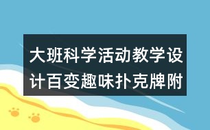 大班科學(xué)活動教學(xué)設(shè)計百變?nèi)の稉淇伺疲ǜ椒此迹?></p>										
													<h3>1、大班科學(xué)活動教學(xué)設(shè)計百變?nèi)の稉淇伺疲ǜ椒此迹?/h3><p>　　活動目標：</p><p>　　1、能有創(chuàng)意地用拼、搭、插的方法設(shè)計出各種造型。</p><p>　　2、在操作時體現(xiàn)耐心、合作、細致精神。</p><p>　　3、能夠用簡單的語言介紹自己的作品。</p><p>　　4、發(fā)展合作探究與用符號記錄實驗結(jié)果的能力。</p><p>　　5、能大膽進行實踐活動，并用完整的語言表達自己的意見。</p><p>　　重難點：能有創(chuàng)意地用拼、搭、插的方法設(shè)計出各種造型。</p><p>　　活動準備：撲克牌每人一副、剪刀等。撲克牌造型圖片。</p><p>　　活動過程：</p><p>　　第一課時：</p><p>　　一、了解撲克牌</p><p>　　1、今天我們帶來了什么?(牌)他們是怎么樣的</p><p>　　2、現(xiàn)在我們要來玩一玩牌，你會怎么玩?</p><p>　　二、嘗試拼搭</p><p>　　1、今天我們要換一種方法玩撲克牌，把撲克牌拼一拼、搭一搭做出許多有趣的造型(比如飛機、火車等等)，你會嗎?我們一起試一試吧。</p><p>　　2、交流嘗試的體驗：我拼了什么?我搭了什么?</p><p>　　第二課時</p><p>　　一、方法啟發(fā)</p><p>　　1、教師展示撲克牌造型的圖片，上次我們一起玩了撲克牌，還拼搭出了許多有趣的圖案，今天老師也帶來了一些圖片，看看它像什么?它是怎么做出來的?</p><p>　　2、教師演示操作的方法。</p><p>　　3、請“高手”幼兒上來表演精彩的撲克拼搭技藝。</p><p>　　二、幼兒創(chuàng)意</p><p>　　1、嘗試老師提示的方法或者用更多的方法拼搭出撲克牌造型。</p><p>　　2、交流展</p><p>　　3、小組合作再次操作。</p><p>　　延伸：課后孩子們自由活動的時間讓孩子們自主玩拼搭。</p><p>　　活動反思：</p><p>　　本次活動的題材來自于早期教育美術(shù)版中提到的一個操作創(chuàng)意“百變?nèi)の稉淇伺啤?，它用插接的方法把撲克牌拼接成許多有趣的造型，我覺得比較有趣。于是我便添加上了活動目標，賦予活動流程，把該操作活動設(shè)計成一個藝術(shù)創(chuàng)意活動。之后在與鄧老師的交流中，她告訴我他們班的孩子有很多都很會玩撲克牌，建議我去了解一下孩子的玩法，后來我發(fā)現(xiàn)孩子們還會用一種折疊的方法拼搭撲克牌，于是我把早期教育上提到的插接法和小朋友的折疊法都吸收到該活動中，力求通過更多方法的啟發(fā)讓班內(nèi)的孩子們玩出更多的創(chuàng)意。于是我把活動第一目標定位能有創(chuàng)意地用拼、搭、插的方法設(shè)計出各種造型。在備課過程中，我發(fā)現(xiàn)一個作品的完成離不開耐心細致，一步一步的努力，這個活動不僅要鍛煉孩子的創(chuàng)意更需要提升這種創(chuàng)意背后的精神即耐心、合作、細致、踏實……于是我把在操作時體現(xiàn)耐心、合作、細致精神作為第二目標。接下來是我對本次執(zhí)教之后的一點反思：</p><p>　　1、活動內(nèi)容過于滿、多，把本次活動定位兩課時較為合適。本次活動的重點是在后面兩個環(huán)節(jié)，第一、二部分如果作為課前準備，或者干脆作為第一課時去完成，這樣后面兩個環(huán)節(jié)能更有效的去達到活動制定的目標。</p><p>　　2、在細節(jié)處理上還必須花功夫。比如我在示范的時候，我發(fā)現(xiàn)讓孩子看著我做完一個作品比較費時，畢竟一個活動更多的實踐留給孩子才是最重要的，所以聽課老師建議我在教育準備的時候做完一個成品，這樣可以示范完基本步驟后，直接出示成品，既清楚又明了。</p><p>　　3、用不同的方式拼搭出不同的撲克牌造型，玩的就是一種創(chuàng)意的精神，每次在教導(dǎo)孩子的時候，我自己也在不斷地自我學(xué)習(xí)、向孩子學(xué)習(xí)。我們說創(chuàng)意學(xué)不來，但是創(chuàng)意的精神是可以學(xué)習(xí)的，創(chuàng)意的能力是可以練習(xí)的，比如撲克牌這個東西，我相信還可以執(zhí)教一堂數(shù)學(xué)活動，比如10以內(nèi)加減、組成等，還可以設(shè)計成一個藝術(shù)活動，比如欣賞各式各樣的撲克牌造型，設(shè)計撲克牌造型等，甚至是音樂活動用撲克牌打節(jié)奏……換一種方法，換一個角度，創(chuàng)意之花無處不在。</p><h3>2、大班教案《百變?nèi)の稉淇伺啤泛此?/h3><p><strong>活動目標：</strong></p><p>　　1、能有創(chuàng)意地用拼、搭、插的方法設(shè)計出各種造型。</p><p>　　2、在操作時體現(xiàn)耐心、合作、細致精神。</p><p>　　3、能夠用簡單的語言介紹自己的作品。</p><p>　　4、發(fā)展幼兒的觀察力、想象力。</p><p>　　5、能大膽進行實踐活動，并用完整的語言表達自己的意見。</p><p><strong>重難點：</strong></p><p>　　能有創(chuàng)意地用拼、搭、插的方法設(shè)計出各種造型。</p><p><strong>活動準備：</strong></p><p>　　撲克牌每人一副、剪刀等。撲克牌造型圖片。</p><p><strong>活動過程：</strong></p><p>　　第一課時：</p><p>　　一、了解撲克牌</p><p>　　1、今天我們帶來了什么?(牌)他們是怎么樣的</p><p>　　2、現(xiàn)在我們要來玩一玩牌，你會怎么玩?</p><p>　　二、嘗試拼搭</p><p>　　1、今天我們要換一種方法玩撲克牌，把撲克牌拼一拼、搭一搭做出許多有趣的造型(比如飛機、火車等等)，你會嗎?我們一起試一試吧。</p><p>　　2、交流嘗試的體驗：我拼了什么?我搭了什么?</p><p>　　第二課時</p><p>　　一、方法啟發(fā)</p><p>　　1、教師展示撲克牌造型的圖片，上次我們一起玩了撲克牌，還拼搭出了許多有趣的圖案，今天老師也帶來了一些圖片，看看它像什么?它是怎么做出來的?</p><p>　　2、教師演示操作的方法。</p><p>　　3、請“高手”幼兒上來表演精彩的撲克拼搭技藝。</p><p>　　二、幼兒創(chuàng)意</p><p>　　1、嘗試老師提示的方法或者用更多的方法拼搭出撲克牌造型。</p><p>　　2、交流展</p><p>　　3、小組合作再次操作。</p><p>　　延伸：課后孩子們自由活動的時間讓孩子們自主玩拼搭。</p><p><strong>活動反思：</strong></p><p>　　本次活動的題材來自于早期教育美術(shù)版中提到的一個操作創(chuàng)意“百變?nèi)の稉淇伺啤?，它用插接的方法把撲克牌拼接成許多有趣的造型，我覺得比較有趣。于是我便添加上了活動目標，賦予活動流程，把該操作活動設(shè)計成一個藝術(shù)創(chuàng)意活動。之后在與鄧老師的交流中，她告訴我他們班的孩子有很多都很會玩撲克牌，建議我去了解一下孩子的玩法，后來我發(fā)現(xiàn)孩子們還會用一種折疊的方法拼搭撲克牌，于是我把早期教育上提到的插接法和小朋友的折疊法都吸收到該活動中，力求通過更多方法的啟發(fā)讓班內(nèi)的孩子們玩出更多的創(chuàng)意。于是我把活動第一目標定位能有創(chuàng)意地用拼、搭、插的方法設(shè)計出各種造型。在備課過程中，我發(fā)現(xiàn)一個作品的完成離不開耐心細致，一步一步的努力，這個活動不僅要鍛煉孩子的創(chuàng)意更需要提升這種創(chuàng)意背后的精神即耐心、合作、細致、踏實……于是我把在操作時體現(xiàn)耐心、合作、細致精神作為第二目標。接下來是我對本次執(zhí)教之后的一點反思：</p><p>　　1、活動內(nèi)容過于滿、多，把本次活動定位兩課時較為合適。本次活動的重點是在后面兩個環(huán)節(jié)，第一、二部分如果作為課前準備，或者干脆作為第一課時去完成，這樣后面兩個環(huán)節(jié)能更有效的去達到活動制定的目標。</p><p>　　2、在細節(jié)處理上還必須花功夫。比如我在示范的時候，我發(fā)現(xiàn)讓孩子看著我做完一個作品比較費時，畢竟一個活動更多的實踐留給孩子才是最重要的，所以聽課老師建議我在教育準備的時候做完一個成品，這樣可以示范完基本步驟后，直接出示成品，既清楚又明了。</p><p>　　3、用不同的方式拼搭出不同的撲克牌造型，玩的就是一種創(chuàng)意的精神，每次在教導(dǎo)孩子的時候，我自己也在不斷地自我學(xué)習(xí)、向孩子學(xué)習(xí)。我們說創(chuàng)意學(xué)不來，但是創(chuàng)意的精神是可以學(xué)習(xí)的，創(chuàng)意的能力是可以練習(xí)的，比如撲克牌這個東西，我相信還可以執(zhí)教一堂數(shù)學(xué)活動，比如10以內(nèi)加減、組成等，還可以設(shè)計成一個藝術(shù)活動，比如欣賞各式各樣的撲克牌造型，設(shè)計撲克牌造型等，甚至是音樂活動用撲克牌打節(jié)奏……換一種方法，換一個角度，創(chuàng)意之花無處不在。</p><h3>3、大班游戲玩法(9個)含反思</h3><p><strong>幼兒園大班游戲教案：</strong></p><p>　　天鵝</p><p><strong>游戲名稱：投彩球（大班）</strong></p><p>　　目的：復(fù)習(xí)反義詞，豐富幼兒詞匯，發(fā)展幼兒的反應(yīng)能力。</p><p>　　準備;彩球1個玩法：拋球者說出一詞，如：大(黑、美麗、光滑)接球者必須說出對應(yīng)的反義詞，如小(白、丑陋、粗糙)。游戲反復(fù)進行。</p><p><strong>游戲名稱：悄悄話（大班）</strong></p><p>　　目的：激發(fā)幼兒積極參與活動的興趣。</p><p>　　玩法：按幼兒座次將其分成四組，教師悄悄地告訴每組排頭幼兒一句話，然后自排頭開始往下傳話，傳到最后一名幼兒時，最后一名幼兒站起大聲說出聽到的話，以傳得又對又快的組為勝。</p><p><strong>游戲名稱：猜謎（大班）</strong></p><p>　　目的：培養(yǎng)幼兒的思維能力、口語表達能力。</p><p>　　玩法：教師說謎面請幼兒說出謎底。也可請一名幼兒說謎面，教師與其他幼兒進行猜謎。</p><p><strong>游戲名稱：超級模仿秀（大班）</strong></p><p>　　目的：培養(yǎng)幼兒模仿能力。</p><p>　　玩法：請3-5名幼兒到前面，側(cè)向全體幼兒，站成一排，面向第二名幼兒編一動作(如起床穿衣、照鏡子、梳頭等)然后第二名幼兒再向第三名幼兒模仿第一名幼兒所做的動作，依次模仿，最后一名幼兒模仿完動作后，說出做的是什么動作。</p><p><strong>游戲名稱：一槍打四個（大班）</strong></p><p>　　目的：練習(xí)手部動作的靈活性，培養(yǎng)幼兒的快速反應(yīng)能力。</p><p>　　玩法：教師說：